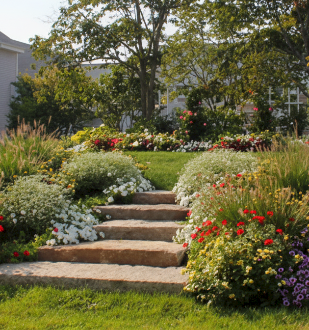 A well-kept garden with colorful flowers and shrubs surrounds stone steps leading to a grassy lawn and residential buildings in the background.